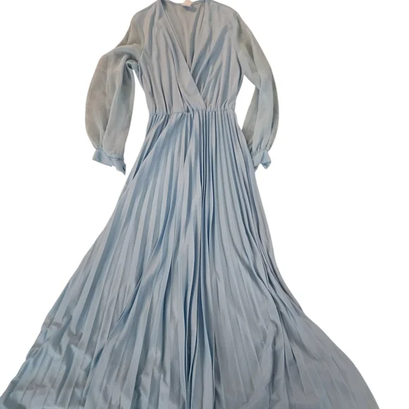 Vintage Light Blue Pleated V-Neck Maxi Dress - Picture 1 of 2